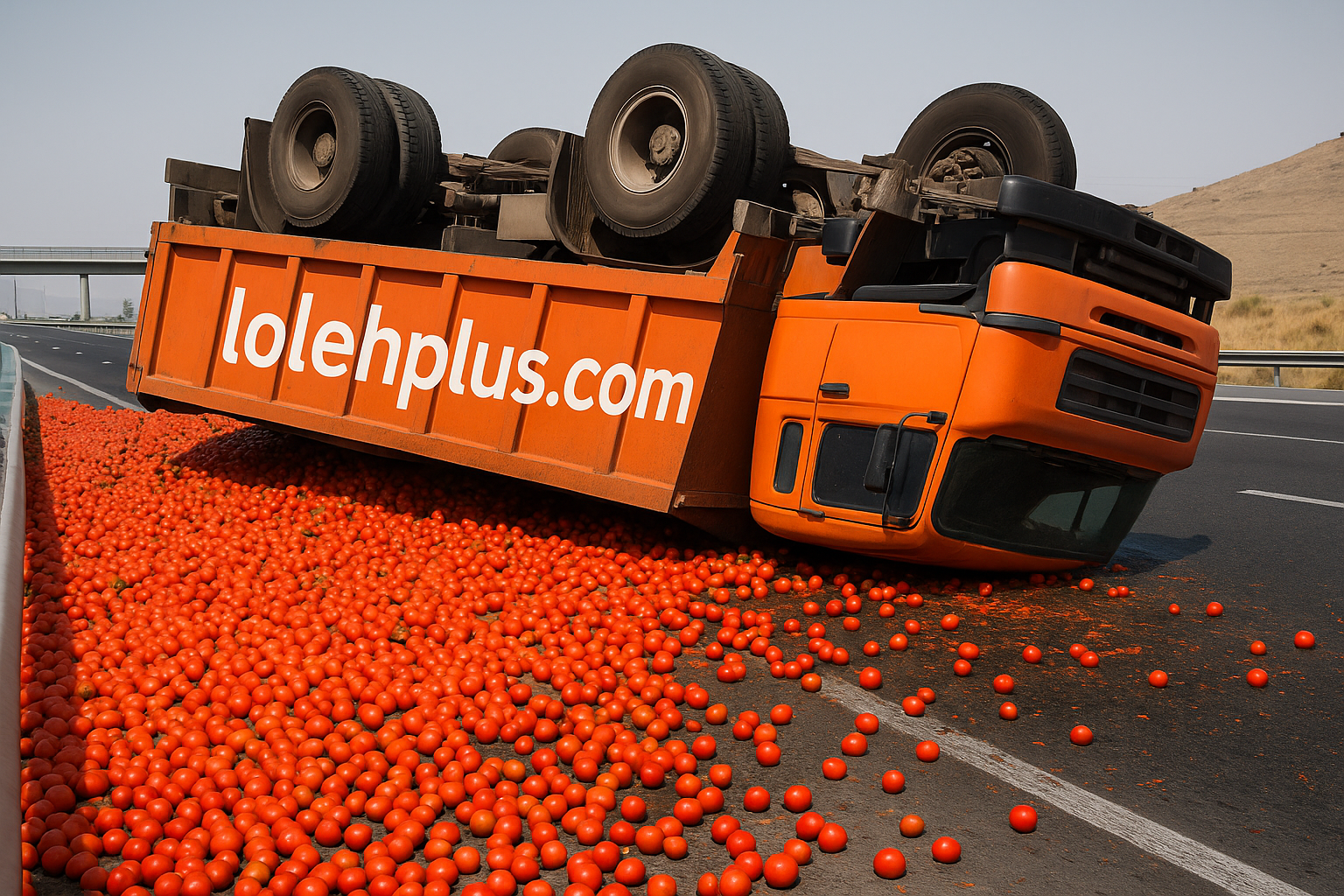 واژگونی کامیون با بار گوجه؛ گوجه ها وسط آزادراه رب شد! 